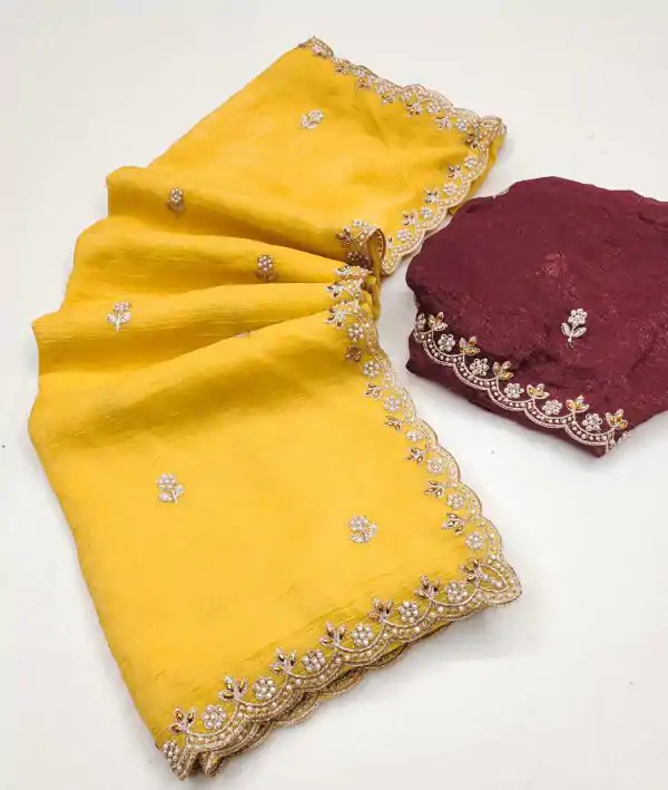 Yellow Crunchy Chiffon Embroidery Work Saree