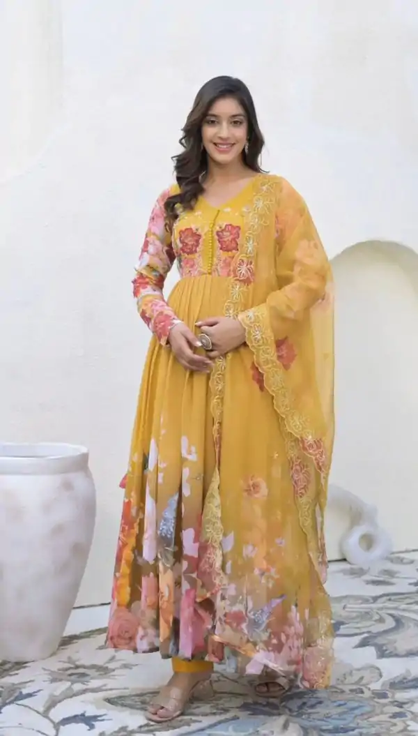 Yellow Fix Georgette With Embroidery Gown