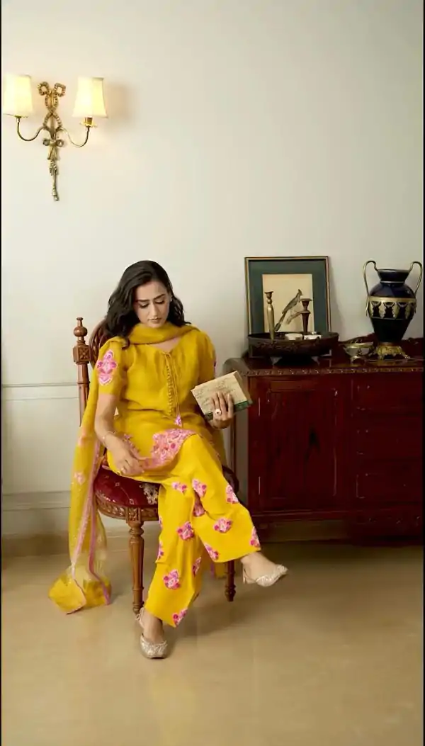 Yellow Natural Crep Silk Sequence Work Salwar Suit