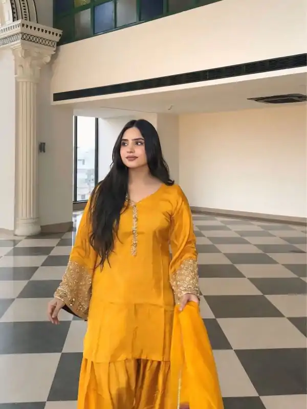 Yellow Natural Satin Silk Sequence Work Slawar Suit