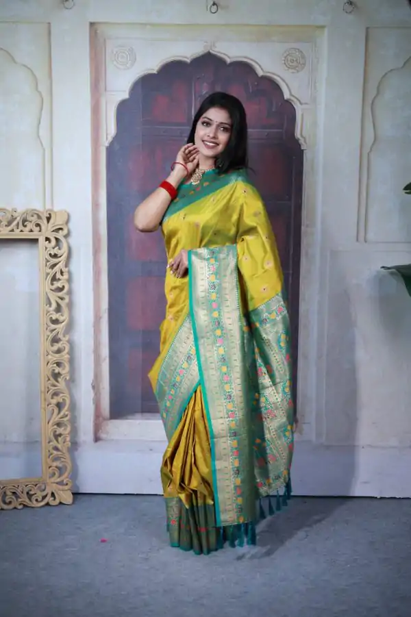 Yellow Paithani Ajanta Lotus With Lace Work Saree