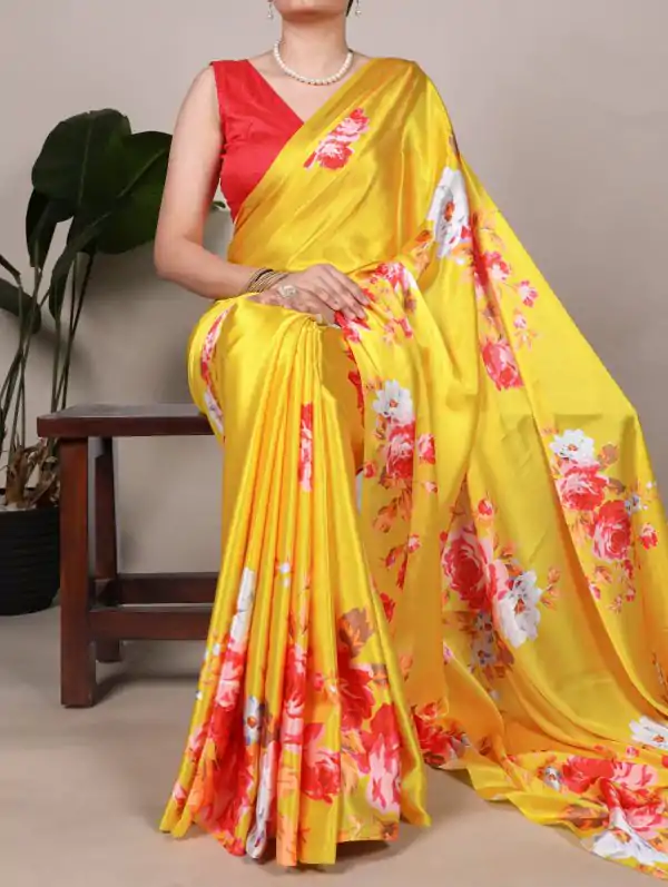 Yellow Satin Silk With Floral Printed Saree