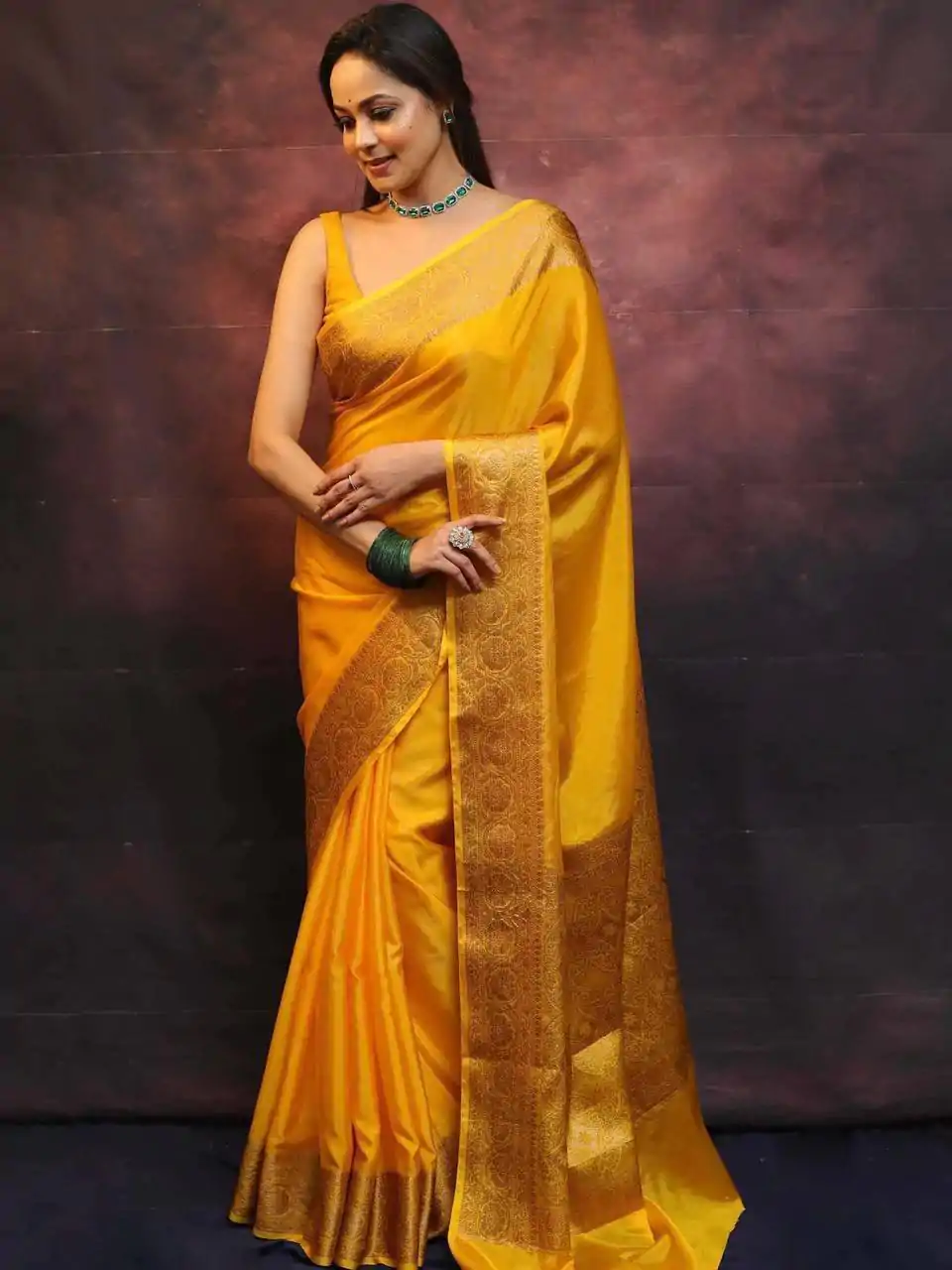Yellow Soft Lichi Silk Lace Border Saree - Image 3