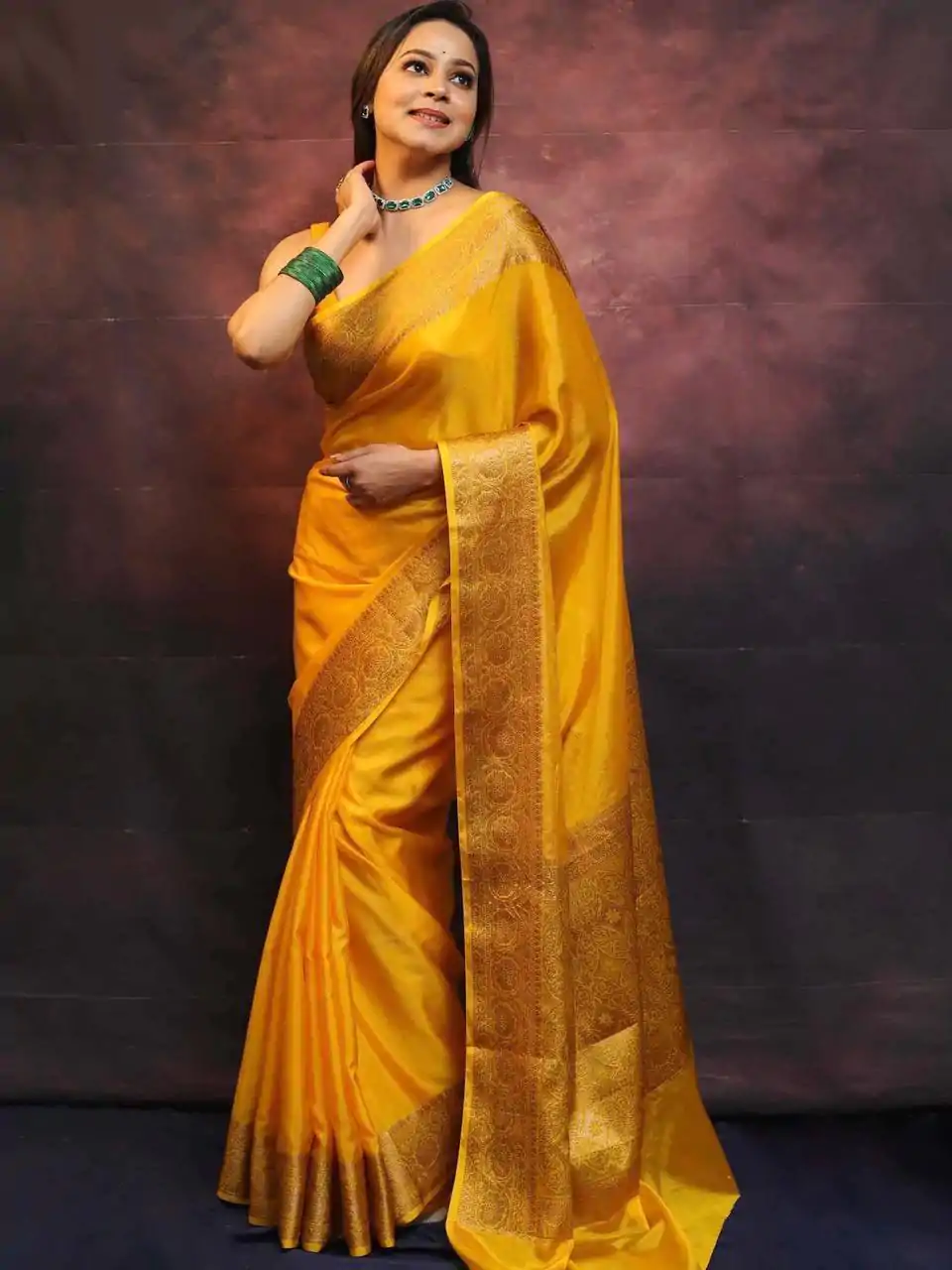 Yellow Soft Lichi Silk Lace Border Saree