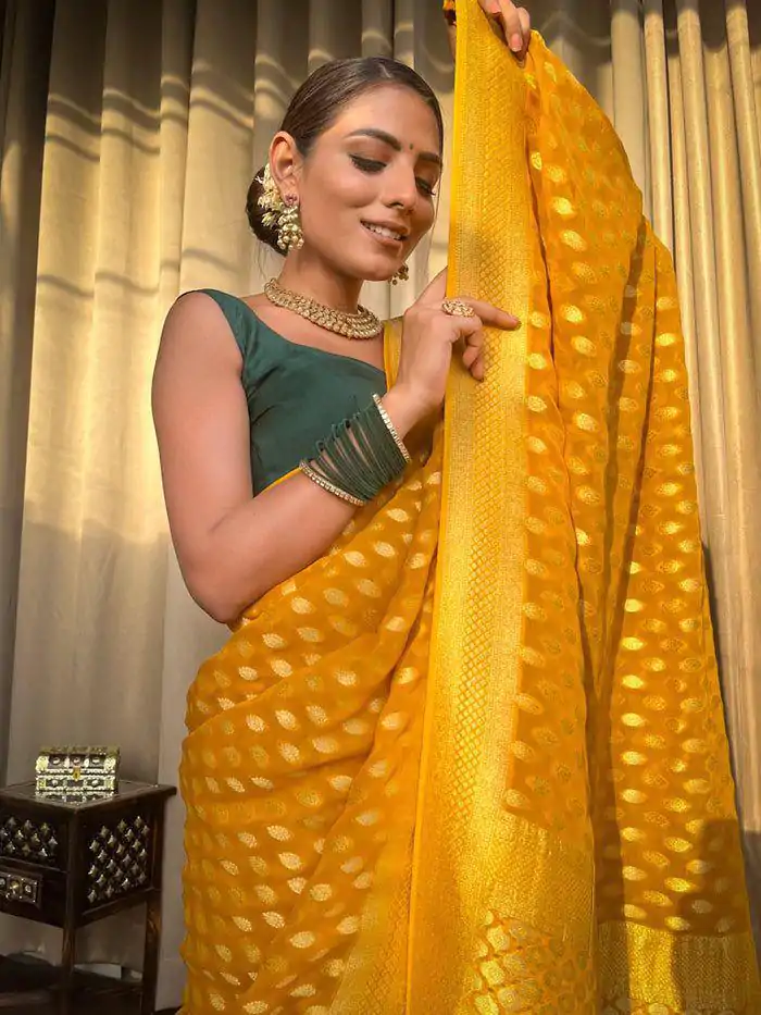 KP 5083 Yellow Soft Lichi Silk Perfect for Wedding, Party, Family Gatherings, Sangeet, Diwali Cloth. Saree. Get it for ₹1399. Delivery 4-6 Working Days. | Designer Sarees, Embroidered Sarees, Sarees, Bollywood Sarees, Creative Sarees, Ethnic Saree, Modern Digital sarees, Party Wear Sarees