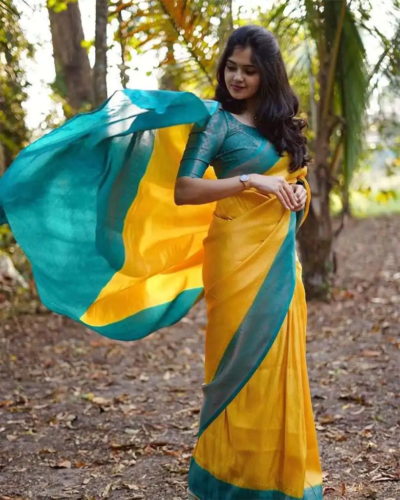 Yellow Soft Lichi Silk With All Over Saree - Image 13
