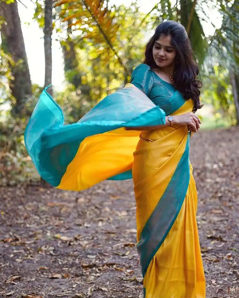 Yellow Soft Lichi Silk With All Over Saree - Image 6