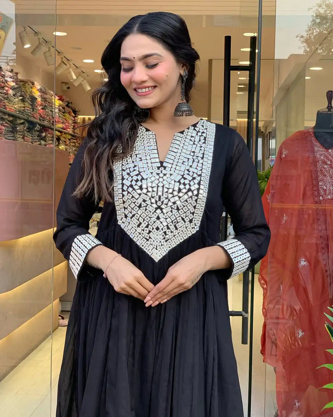 Black Cotton Silk Mirror Work Salwar Suit - Image 3