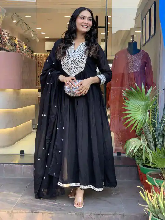 Black Cotton Silk Mirror Work Salwar Suit - Image 2