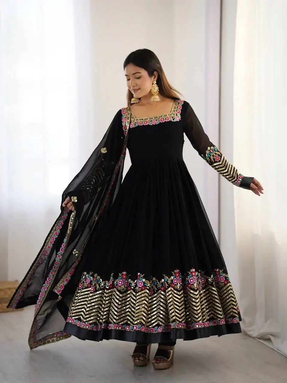 Black Georgette Multi Thread Work Gown