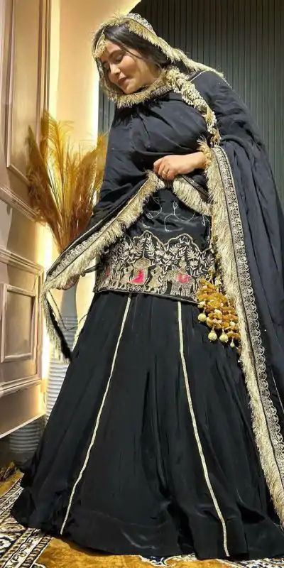 Black Natural Crep Silk Bead Lace Work Salwar Suit