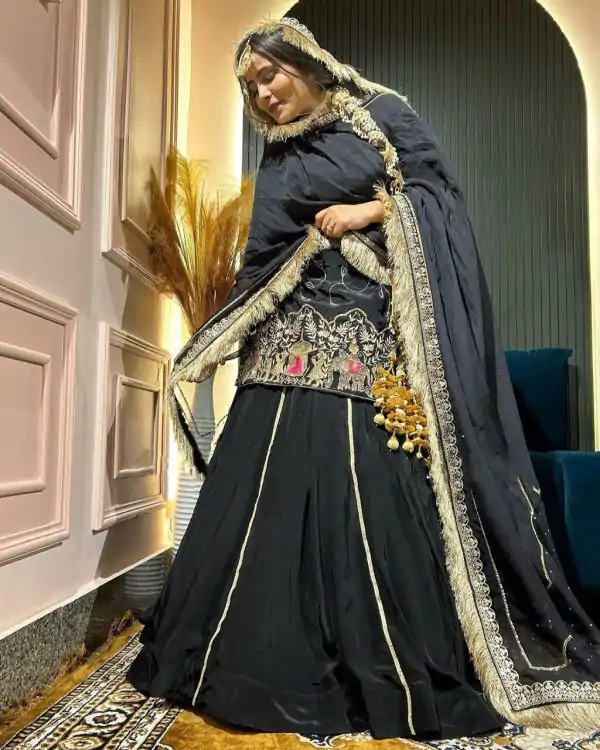 Black Natural Crep Silk Bead Lace Work Salwar Suit