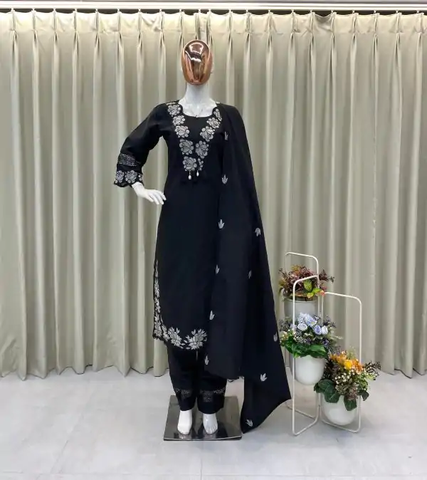 Black Rayon Embroidery Salwar Suit