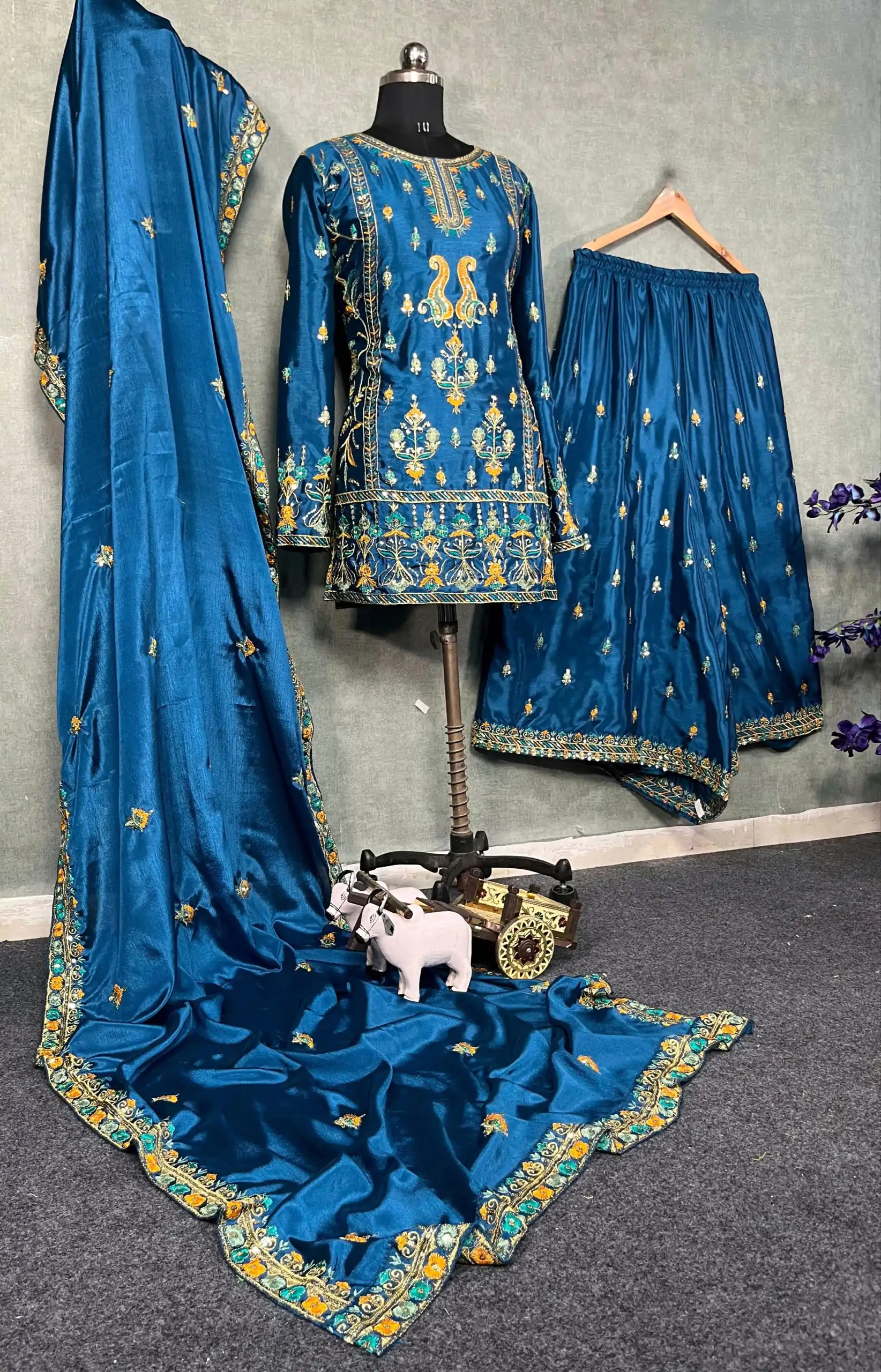 Blue Chinon Silk Sequin Embroidery Work Salwar Suit - Image 3