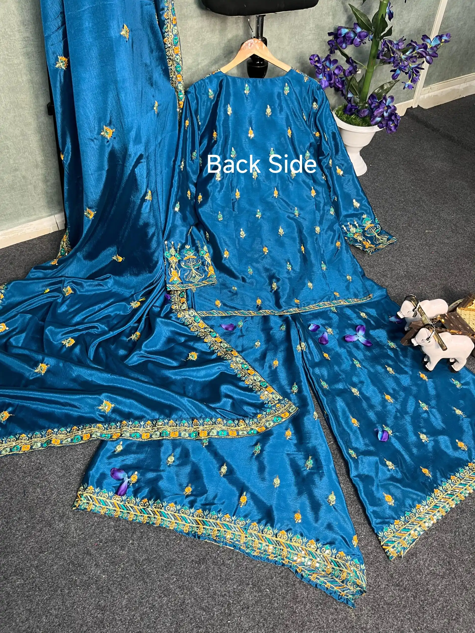 Blue Chinon Silk Sequin Embroidery Work Salwar Suit - Image 2