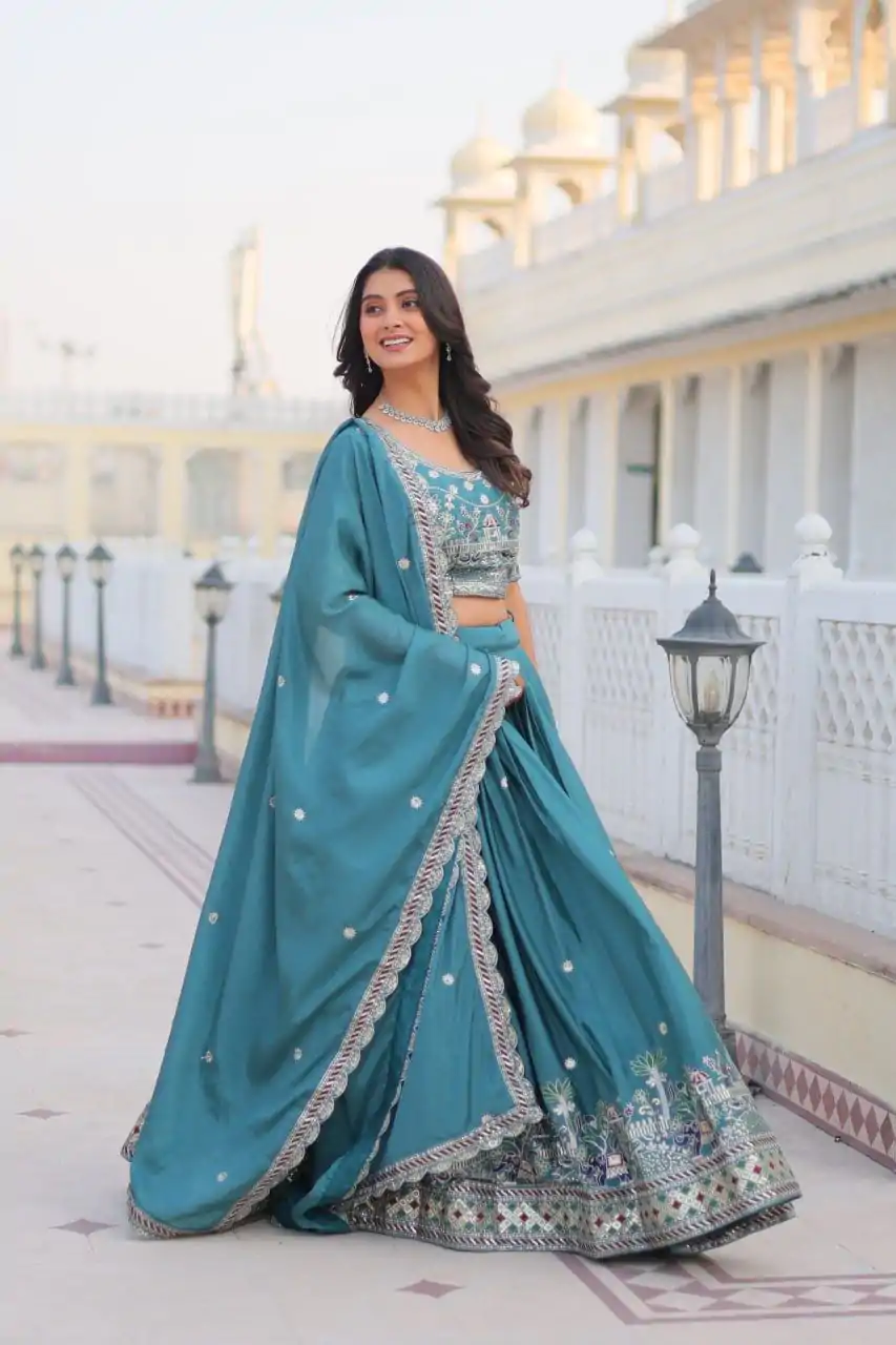 Blue Pure Chinon Embroidery Work Lehenga Choli - Image 3