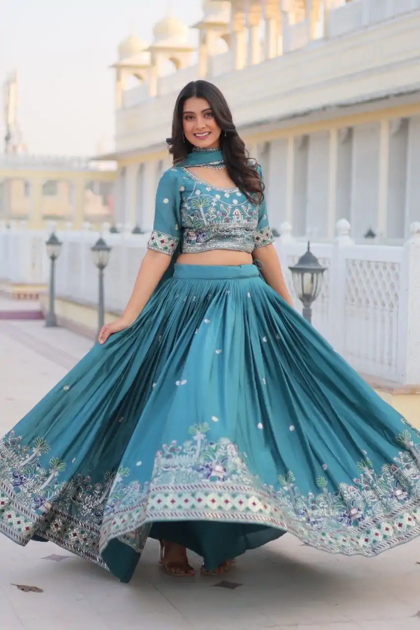 Blue Pure Chinon Embroidery Work Lehenga Choli - Image 5