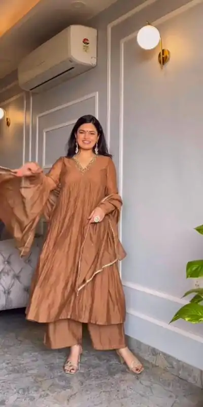 AD 152 Brown Color Pure Chinon Silk Embroidery Gown Fancy Full Sleeve Wedding, Party, Festive, Events Etc. Expected Delivery  4-6 Working Days @1799/ | Jump Suits, Salwar suit, Casual Suits, Creative suits, Designer Suits, Palazzo Suits, Party Wear Suits, Patiala Suits, Straight Suits