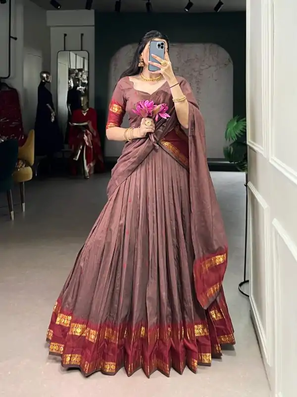 Brown Pure Chanderi Zari Work Lehenga Choli