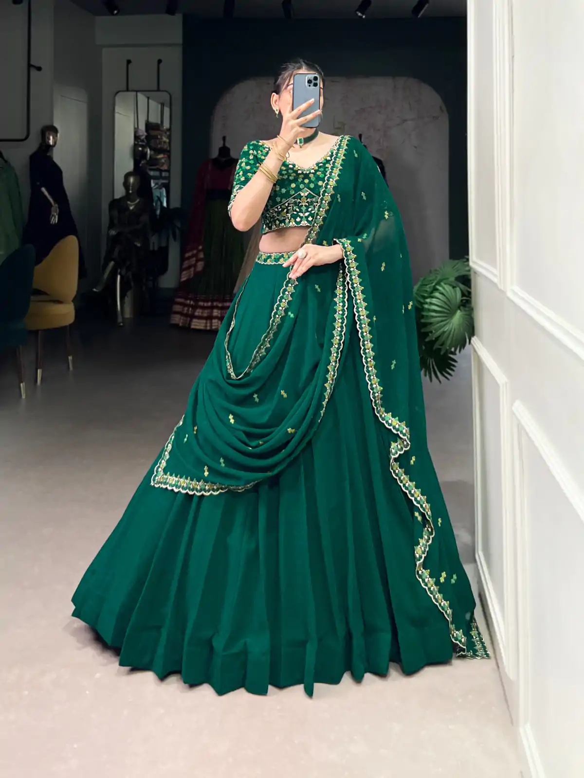 Dark Green Georgette Embroidery Work Lehenga Choli