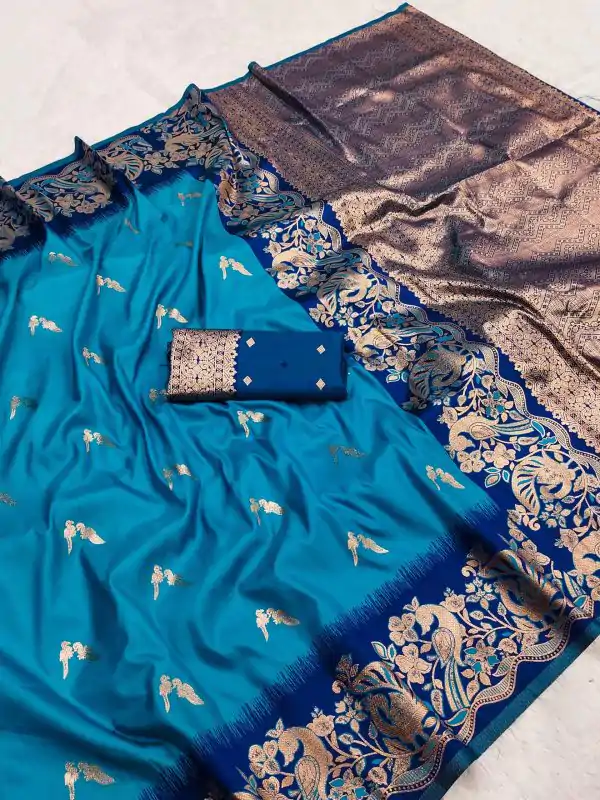 Firozi Banarasi Silk Weaving Lace Zari Work Saree