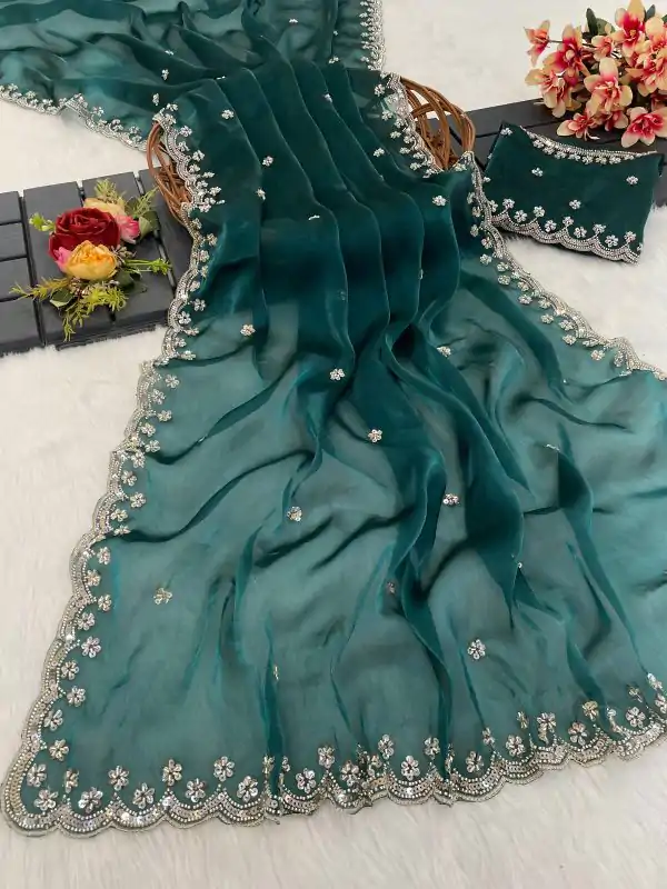 Firozi Jimmy Chou Silk Embroidery Work Saree