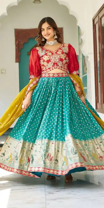 Ram 104 Firozi mono silk Lehenga Choli Perfect for Wedding, Party, Anniversary, Onam, Ethnic Day – . Festive Deal ₹3149. Delivery 4-6 Working Days. | Lehenga, Bollywood Lehenga, Creative Lehenga, Designer Lehenga, Embroidered Lehenga, Party Wear Lehenga