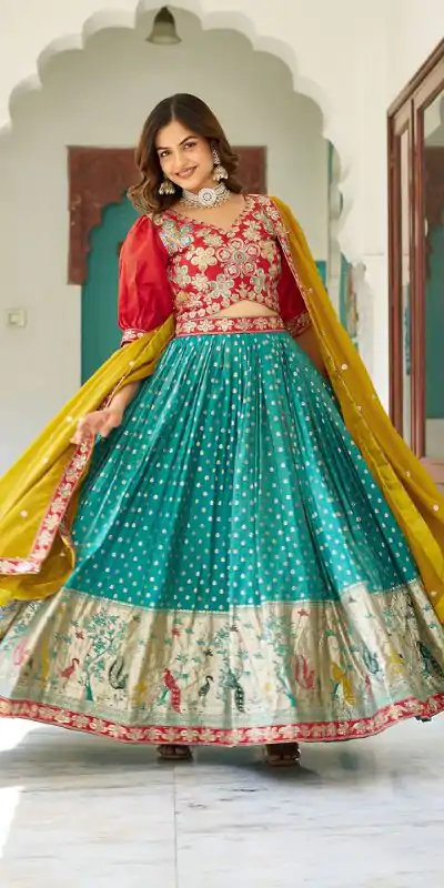 Ram 104 Firozi mono silk Lehenga Choli Perfect for Wedding, Party, Anniversary, Onam, Ethnic Day – . Festive Deal ₹3149. Delivery 4-6 Working Days. | Lehenga, Bollywood Lehenga, Creative Lehenga, Designer Lehenga, Embroidered Lehenga, Party Wear Lehenga
