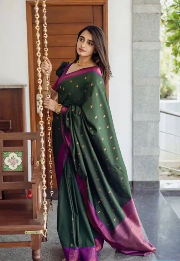 Green Lichi Silk Lace Work Border Saree