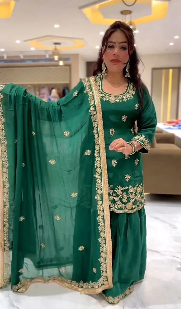 Green Natural Crep Embroidery Work Salwar Suit