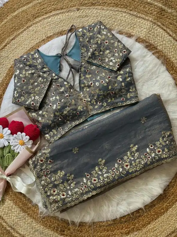 Grey Fandy Chiffon Embroidery Work Saree