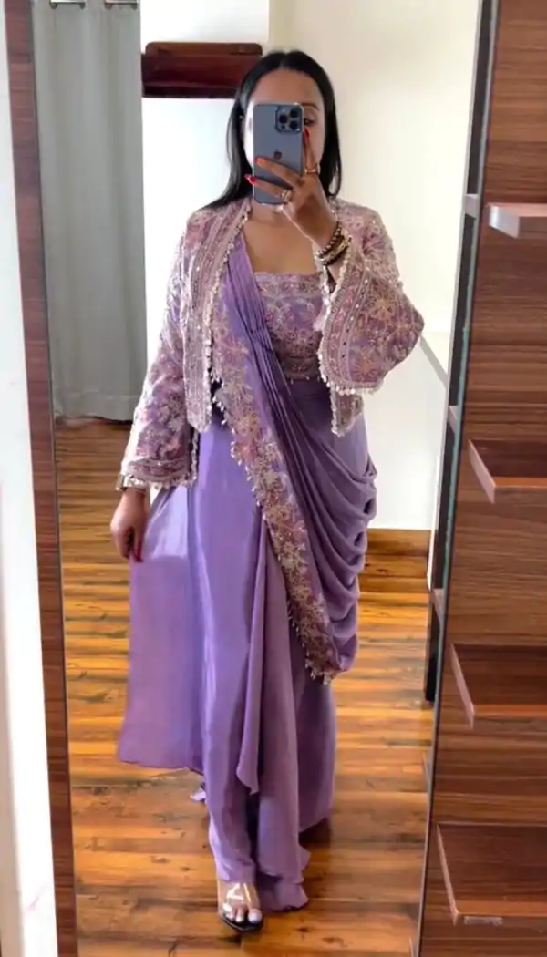 ST 1074 Lavender Color Chinon Saree with Embroidery Work & Lace Work. Best Price ₹2399. Delivery 4-6 Working Days. Shop now. | Designer Sarees, Embroidered Sarees, Sarees, Bollywood Sarees, Creative Sarees, Ethnic Saree, Modern Digital sarees, Party Wear Sarees