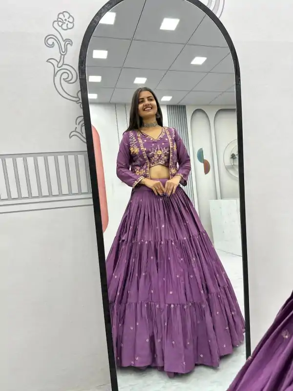 Lavender Chinon Thread Embroidery Lehenga Choli