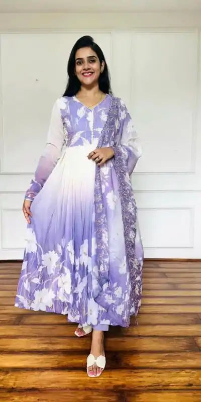ZF 431 Lavender Faux Georgette Gown with Embroidery Work & Digital Print. Best Price ₹2049. Delivery 4-6 Working Days. Shop now. | Jump Suits, Salwar suit, Casual Suits, Creative suits, Designer Suits, Palazzo Suits, Party Wear Suits, Patiala Suits, Straight Suits