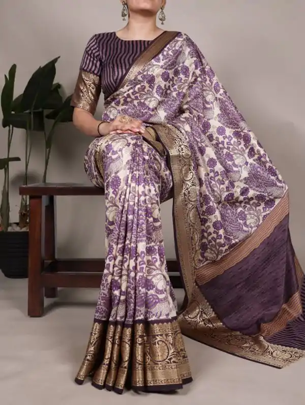 Lavender Tasar Silk Lace Border Work Saree