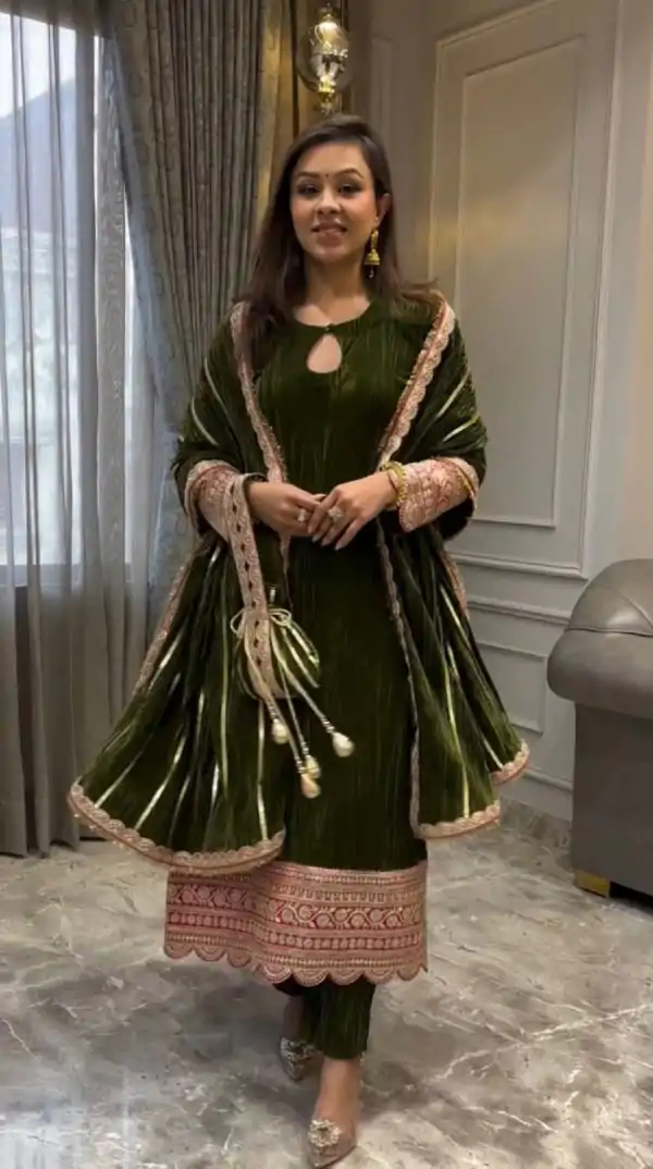 Mahendi Crash Viscose Velvet Embroidery Work Salwar Suit