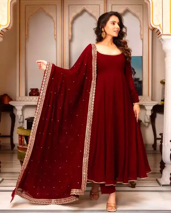 Maroon Faux Georgette Embroidery Lace Work Salwar Suit