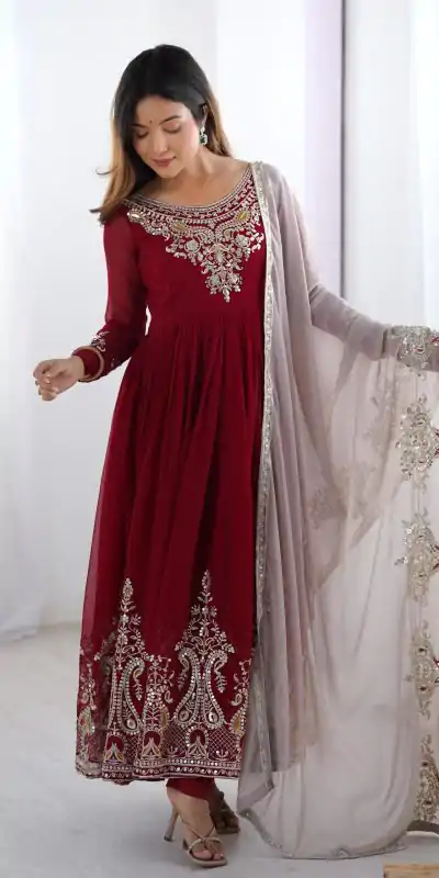 ZF 5008 Maroon Georgette Gown with Embroidery Work. Wedding, Party, Festive, Events, Special Price ₹2049. Delivery 4-6 Working Days. Shop now. | Jump Suits, Salwar suit, Casual Suits, Creative suits, Designer Suits, Palazzo Suits, Party Wear Suits, Patiala Suits, Straight Suits