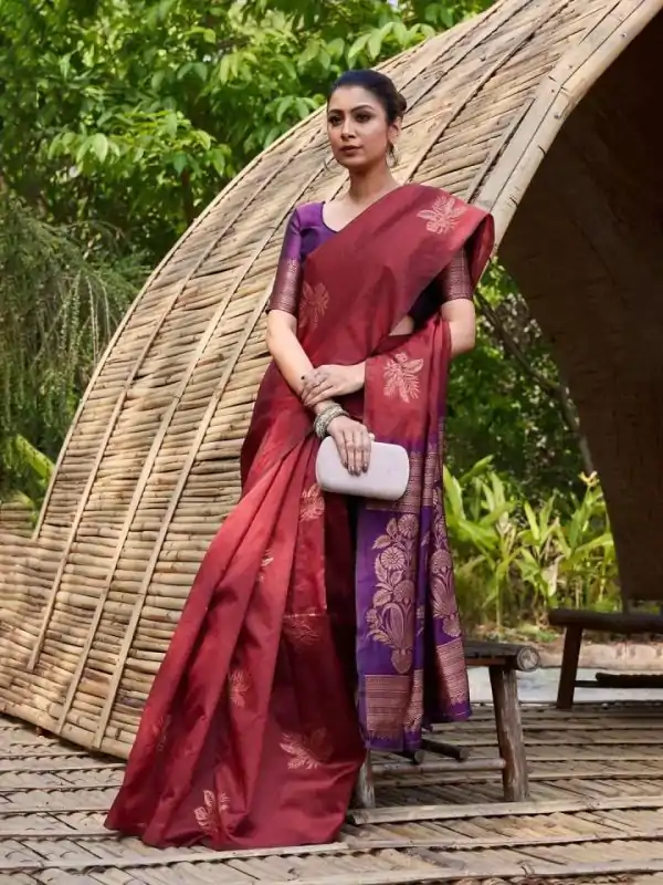 Maroon Lichi Silk Lace Border Saree