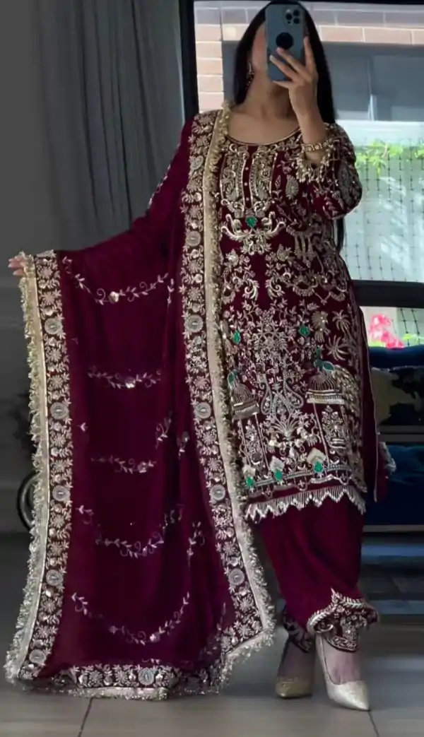 Maroon Natural Crep Embroidery Work Salwar Suit