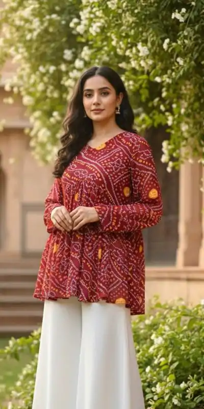 INLI Bandhej Maroon Color Pure Georgette Kurti with Designer Work. Wedding, Party, Festive, Events Best Price ₹1349. Delivery 4-6 Working Days. Shop now. | Kurti, Bollywood Kurti, Creative Kurtis, Designer Kurti, Party Wear Kurti, Selfie Kurti