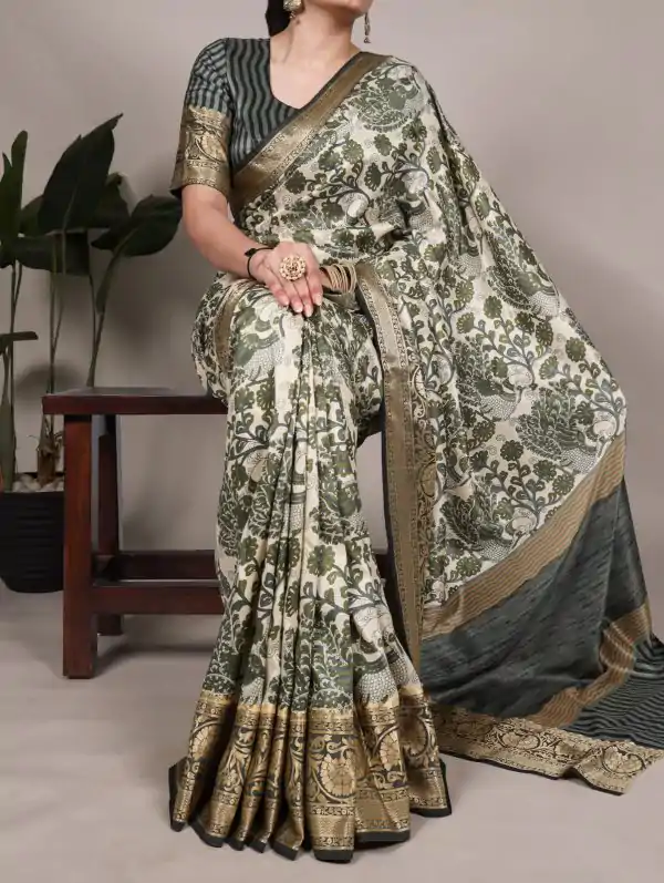 Mehandi Tasar Silk Lace Border Work Saree