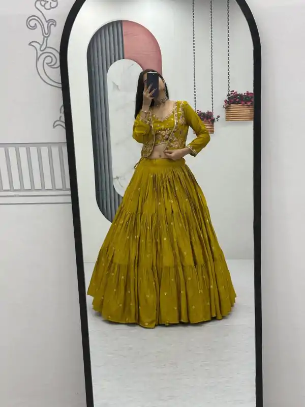 Mustered Chinon Thread Embroidery Lehenga Choli