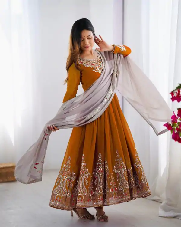ZF 5008 White Mustered Gown with Embroidery Work. Wedding, Party, Festive, Events, Special Price ₹2049. Delivery 4-6 Working Days. Shop now. | Jump Suits, Salwar suit, Casual Suits, Creative suits, Designer Suits, Palazzo Suits, Party Wear Suits, Patiala Suits, Straight Suits