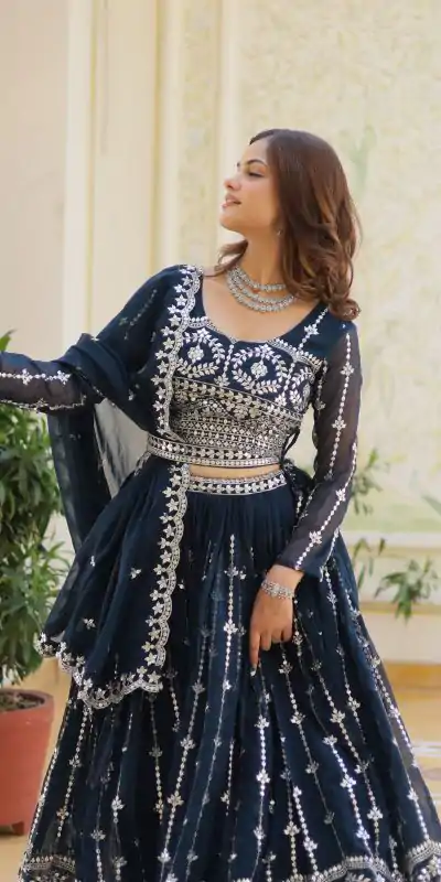 Ram 085 Navy Blue Color Fox Georgette Lehenga Choli with Embroidery Work. Grab it for ₹3049. Delivery 4-6 Working Days. Shop now. | Lehenga, Bollywood Lehenga, Creative Lehenga, Designer Lehenga, Embroidered Lehenga, Party Wear Lehenga