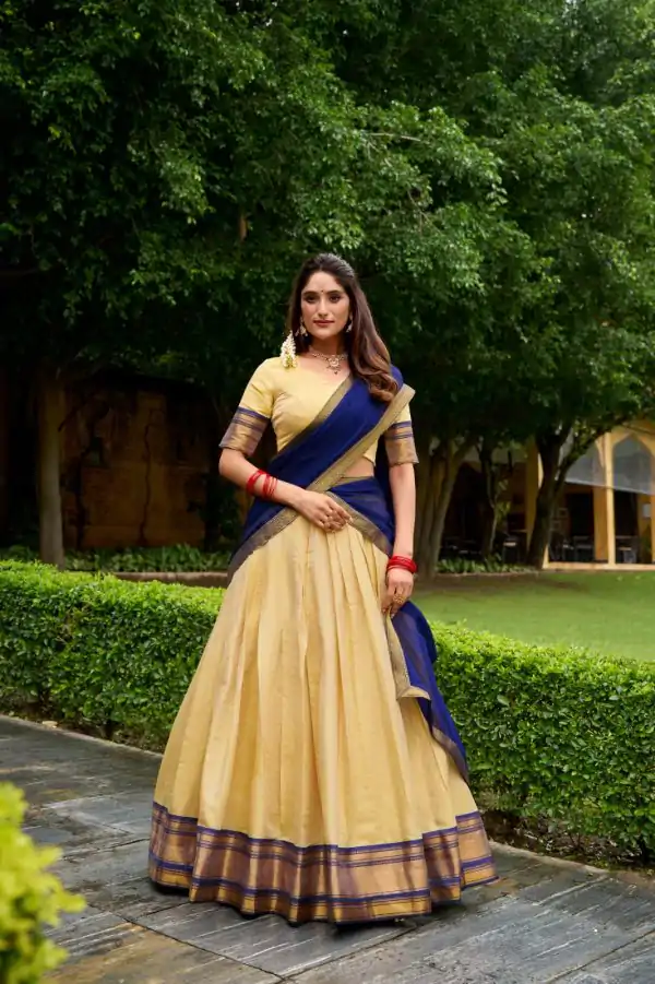 Navy Blue Kanchipuram Zari Lace Work Lehenga Choli