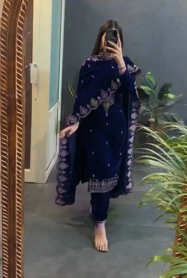 Navy Blue Viscose Velvet Embroidery Work Salwar Suit