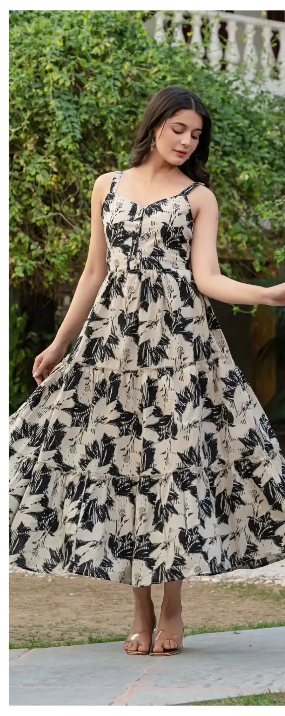 Off White Cotton With Printed Gown