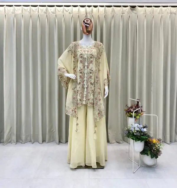 Off White Faux Georgette Embroidery Work Salwar Suit