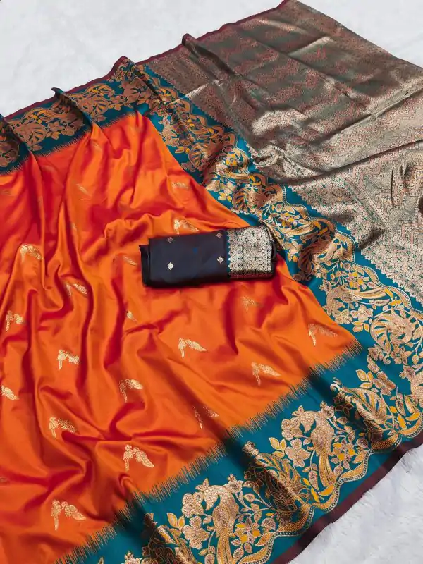 Orange Banarasi Silk Weaving Lace Zari Work Saree